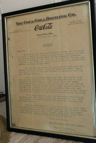 Old Early Vintage 1921 Coca - Cola Bottling Co.  Letterhead To Bottler Atlanta,  Ga
