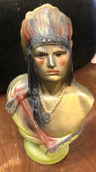 Vintage Cigar Store Indian Bust Chalkware Carnival Prize 1940s Colorful 11.  5 "