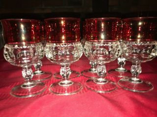 8 Vtg Indiana Glass Kings Crown Cranberry/ruby Red Flash Thumbprint 7 Oz Goblets