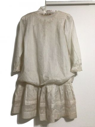 Antique Child’s Dress Drop Waist Long Sleeve Old White With Embroidery Trim Lace