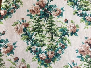 Vintage Floral Roses Scenic Cottage Cotton Fabric Green Blush Apricot Teal Blue
