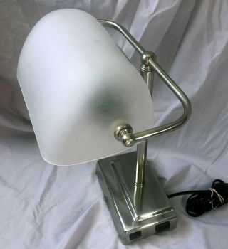 Art Deco Bankers Desk Lamp Frosted White Glass Vintage With Power Outlets Read