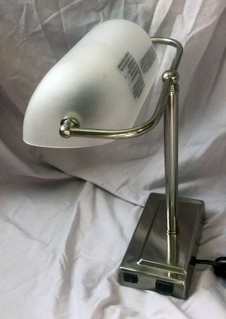 Art Deco Bankers Desk Lamp Frosted White Glass Vintage with Power Outlets READ 3