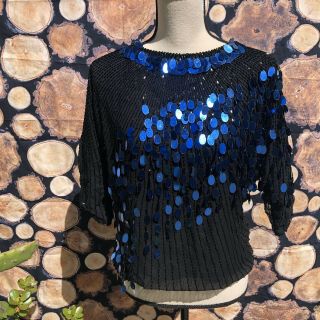 Vtg Oleg Cassini Black And Blue Silk Sequin Beaded Top Shirt Blouse Sz S Small