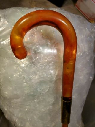 Vintage Amber Umbrella/cane Lucite Or Amber Handle - Brass W/18 " Wood & Bakalite