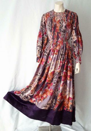 Boho Psychedelic Butterfly Print Silk Vintage 1970s Pintucked Maxi Dress - S / M