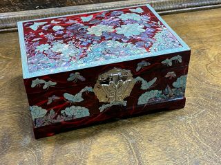 Vintage Red Lacquer Japanese Jewelry Box Mother Of Pearl Inlay (mop)