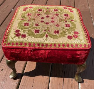 Vintage Victorian Style Floral Red Velvet Ottoman Foot Stool Metal Claw Feet