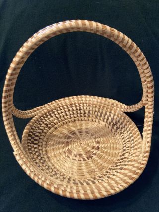 Vintage Gullah Sweetgrass Hand Woven Round Basket With Triple Woven Cross Handle