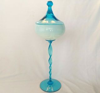 Vintage Italian Empoli Aqua Blue Glass Compote Candy Dish Tall Twisted Stem 16 "