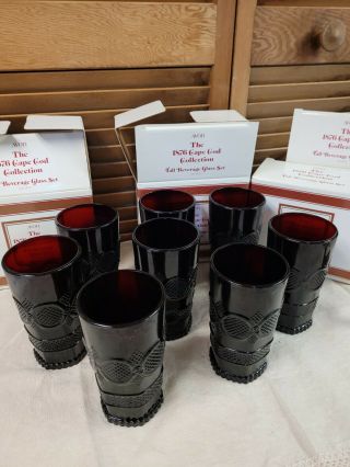 Set Of 8 Vintage Avon Ruby Red Glass Cape Cod Tall Beverage Glass Tumblers