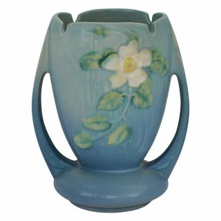 Vintage Roseville Pottery White Rose 1940 Blue Art Deco Vase 983 - 7
