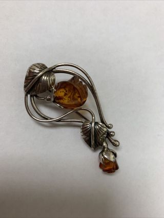 Vintage 925 Sterling Silver And Amber Roses Brooch Lambert Livingston Signed