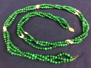 Vintage Malachite Beaded 23 " Three - Strand Necklace,  14k Gold,  Seed Pearls