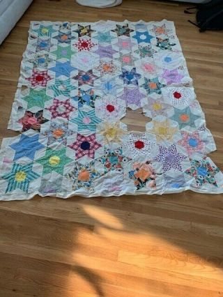Vintage Quilt Top Star Pattern Unfinished Work.  Hand Sewn.  64 X 80