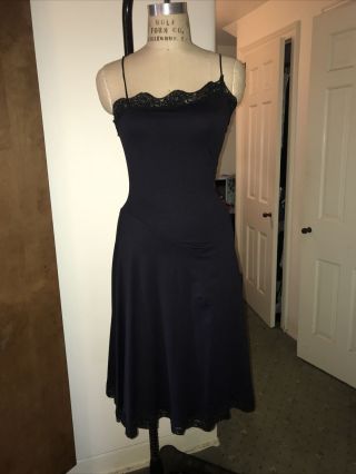 Betsey Johnson Black Stretchy Vintage Slip Dress W Lace Trim Asymmetrical Sz M