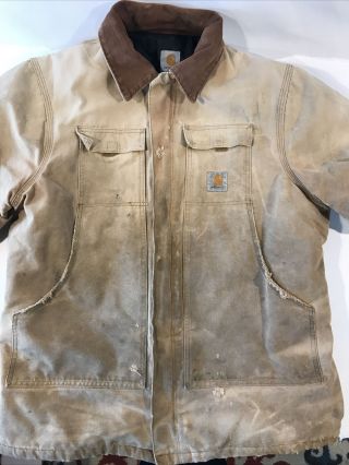 Vtg Carhartt C26 Faded Destroyed Lined Jacket Coat Large Workwear Canvas