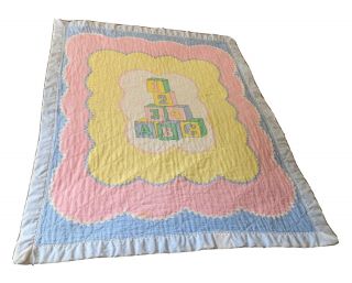 Vtg 80s Abc Blocks Baby Blanket Satin Trim Quilted 1980s Read Pre - Loved Alphabet