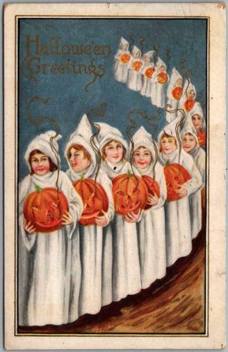 Vintage Halloween Embossed Postcard Line Of Girls In Ghost Costumes W/ Jols 1912