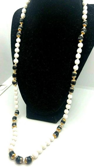 Vintage Signed Miriam Haskell Gold Tone White & Black Bead Necklace 30 "