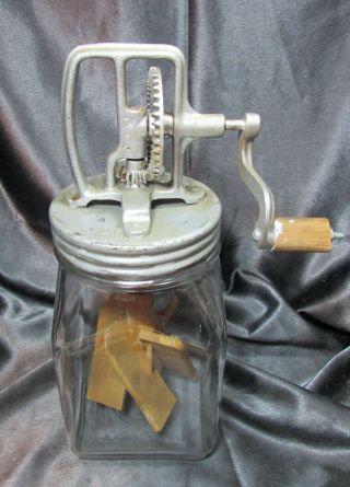 2 Qt Vintage Glass Butter Churn - Wooden Handle And Paddles