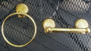 Vintage Gold Solid Brass Pearl Sea Shell Towel Bars Holders Toilet Paper Beach