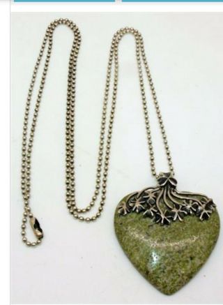 Vintage Sterling Irish Green Connemara Marble Heart Pendant Necklace 35 "