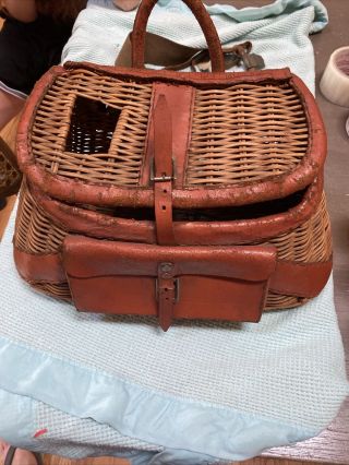Wicker & Leather Fly Fishing Creel Basket Vintage