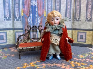Antique German Miniature All Bisque Dollhouse Doll In Sweet Child Made Clothing