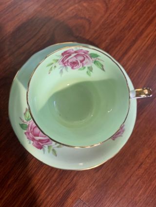 Vintage,  Aynsley teacup and saucer.  Peppermint green with rose. 3
