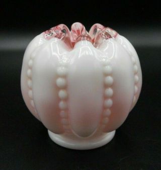RARE Vintage Fenton Glass Beaded Melon Peach Crest Rose Bowl Vase 3