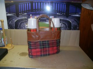 Vintage Red Plaid Thermos & Sandwich Box Picnic Bag Travel Lunch Set Usa