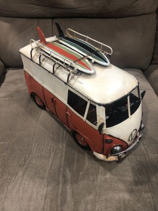 Vintage Style Metal Tin Hippy Vw Volkswagen Camper Van Bus Model Surfboards Art