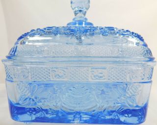 Vintage Ice Blue Tiara Indiana Glass Honey Bees & Hives Footed Candy Dish W/lid