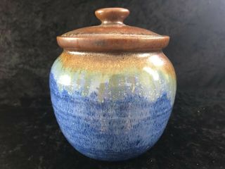 Vintage Art Studio Pottery Pigeon Forge Pottery Blue Brown Glaze Jar Lid Huskey