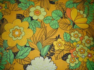 Vintage Retro Mod Floral Cotton Fabric Sunflower Yellow Green Orange Green