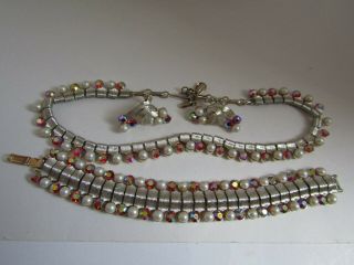 Vintage Coro Ab Dark Red Rhinestone Pearl Matching Set Necklace Bracelet Earring