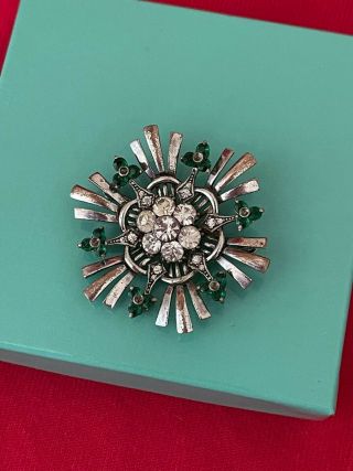 Vintage Rare Old Sterling Pennino Art Deco Style Green,  Clear Rhinestone Brooch