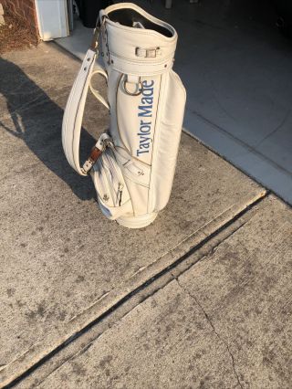 Vintage Taylormade Leather Cart Golf Bag In White & Blue Accents