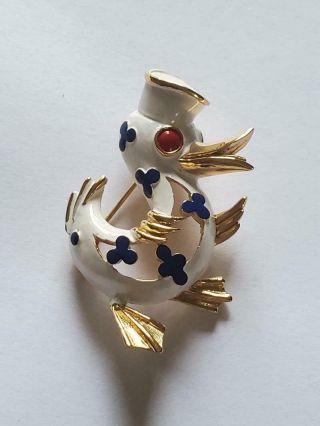 Vintage Crown Trifari White Enamel Duck Pin