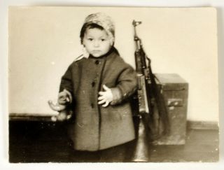 Vintage Cabinet Photo Girl With A Toy Kalashnikov Assault Rifle Afghanistan 1980