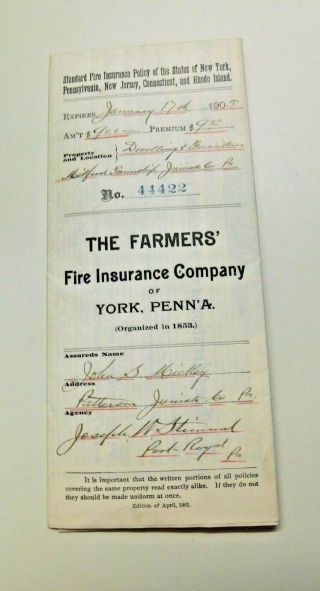 Vintage The Farmer Fire Insurance Co York Penn A Policy 1905 Ephemera Lithograph