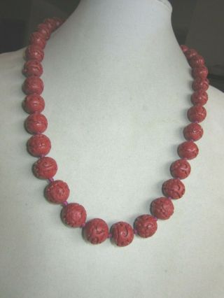 Vintage Chinese Carved Red Cinnabar Beaded Necklace