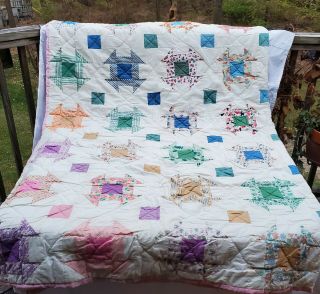 Vintage Hand Made Quilt Twin Size Multi Color Abstract Squares Pink Trim