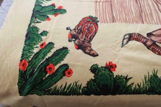 Vintage Yellow Startex Cowboy Western Cotton Tablecloth Great Graphics 49x84 3