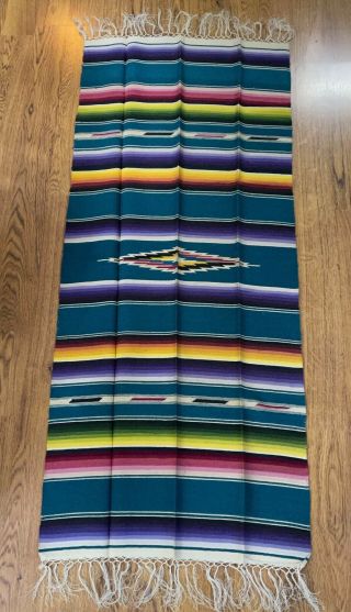 Vintage Mexican Saltillo Serape Wool Blanket Rug Wall Hanging Colorful 26 X 57