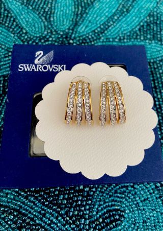 Vtg.  Swarovski Swan Signed Logo Clear Crystal Hoop Pierced Earrings Gold Tone