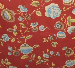 Vintage Chinoiserie Floral Polished Cotton Chintz Fabric Cinnabar Red Blue
