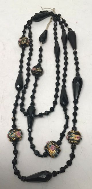 Vintage French Jet Black Glass Necklace Victorian Mourning Jewelry Handpainted