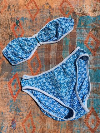 Vintage 70s Blue Floral Pop Art High Waisted Bikini Swimsuit